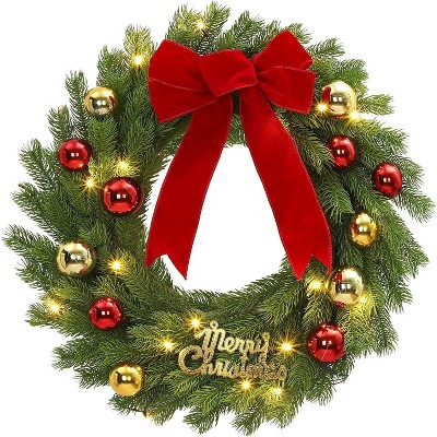 GAOMON 24 Inch Christmas Wreath for Front Door, Pre-Lit LED Lights Christmas Decor with Red Bow & Balls
