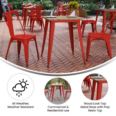 24" Square Brown Poly Resin Top Red Steel Base Dining Table