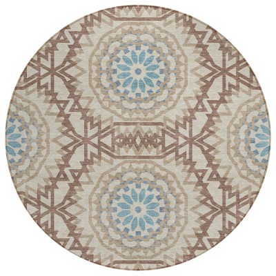 Khaki Brown And Taupe Floral Medallion Washable Indoor Outdoor Area Rug