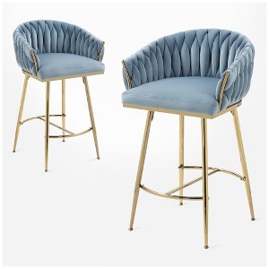 QingMoon Velvet Bar Stools, Hand Woven Counter Height Chairs Set of 2 with Wave Backrest and Adjustable Non-Slip Glides for Kitchen Island, Pub - 1 of 4