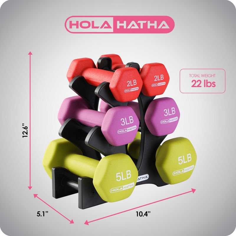 HolaHatha Neoprene Coated Hex Dumbbell Weight Training Home Gym Equipment Set with 2, 3, & 5 Pound Fitness Hand Weights and Storage Organization Rack, 3 of 7