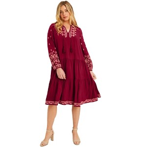 June + Vie by Roaman's Women's Plus Size Coraline Embroidered Peasant Dress - 1 of 4