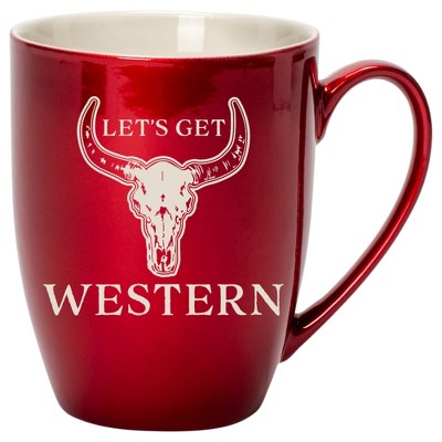100 North Bull Skull 10 Ounce Cardinal Red Metallic Finish, Comfortably Fits Your Hands, New Bone China Coffee Tea Cup Mug, Let's Get Western