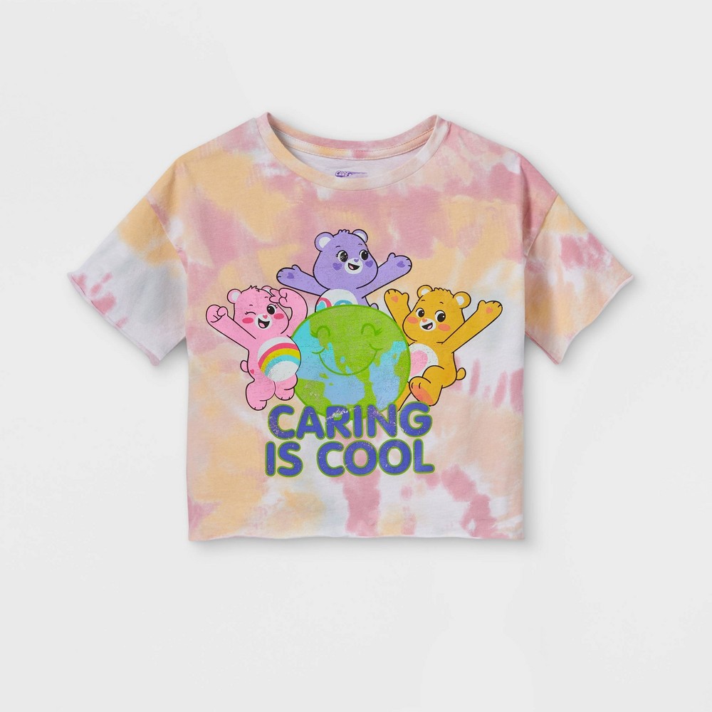 size Large Girls' Care Bears Earth Day Short Sleeve Graphic T-Shirt - Green/Pink