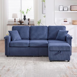 Mocamel Corduroy L-Shaped Sofa Pull-Out Storage Ottoman Pillows 3-Seat USB Charging Cup Holder Convertible Design Living Room Apartment - 1 of 4
