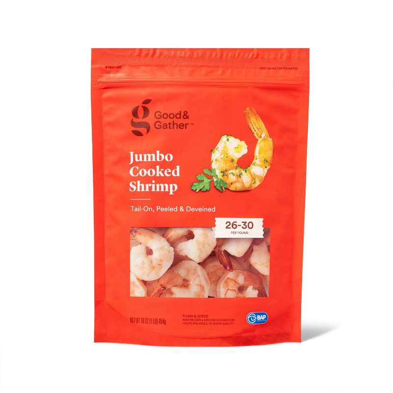 Jumbo Tail On Peeled &#38; Deveined Cooked Shrimp - Frozen - 26-30ct/16oz - Good &#38; Gather&#8482;, 1 of 6