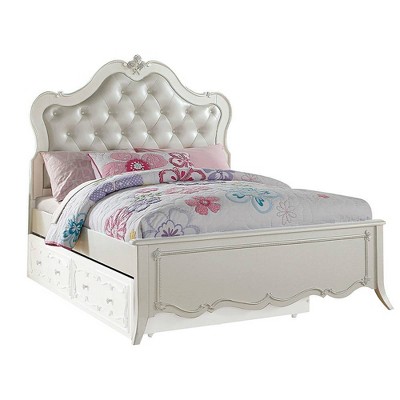 Pearl White Twin Upholstered Bed with Storage and Tufted Headboard