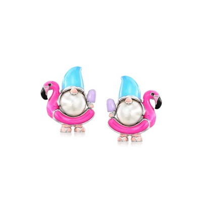 Ross-Simons 6.5-7mm Cultured Pearl and Multicolored Enamel Flamingo Floatie Gnome Earrings in Sterling Silver