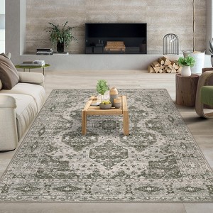 Vintage Rug Irregular Medallion Area Rug Ultra-Thin Non Slip Floral Print Indoor Mat for Living Room Dining Room Bedroom Farmhouse - 1 of 4