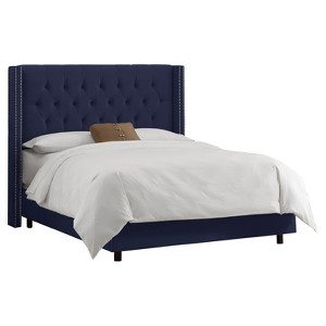Louis Velvet Diamond Tufted Wingback Nail Button Bed - Full - Navy - Skyline Furniture , Blue