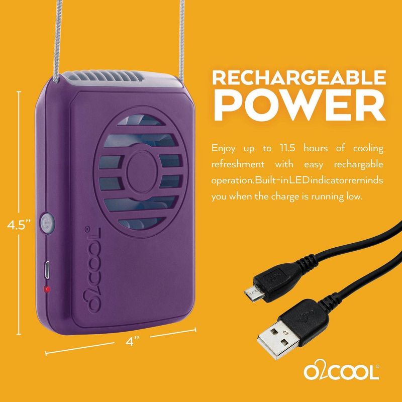O2COOL Rechargeable Deluxe Necklace Fan with USB Cord Purple, 4 of 8