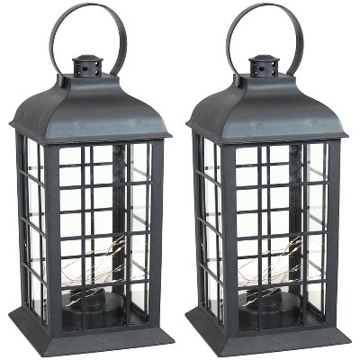Sunnydaze 13" Oyster Bay Black Traditional Style Plastic and Glass Battery Operated Indoor LED Mini String Light Lantern 2pk