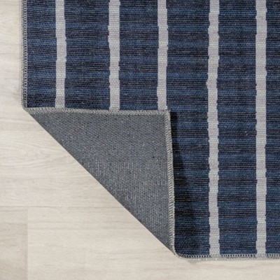Gray and Navy Striped Machine-Washable Runner Rug