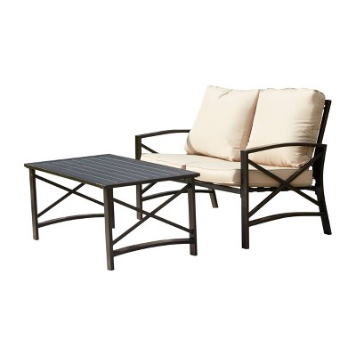 Beige Iron Frame Loveseat and Coffee Table Patio Set