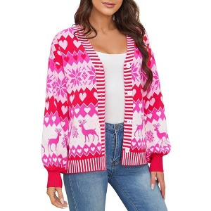 Women Christmas Sweater Cardigans with Reindeer Snowflakes Pattern Button Down Christmas Ugly Sweater Cardigan V Neck Casual Xmas Cardigan - 1 of 4