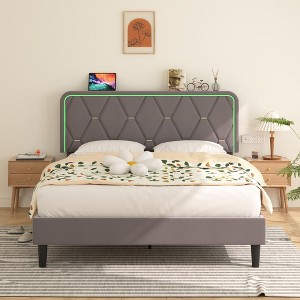 VECELO Upholstered Smart LED Bed Frame with Adjustable Headboard - 1 of 4