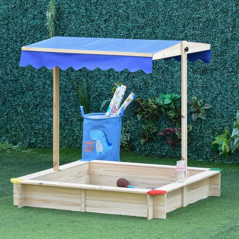 Outsunny Wooden Sandbox w/ Adjustable Canopy, Children Outdoor Playset Weather Resistant 47" L x 47" W x 47" H, Natural & Blue, 2 of 9