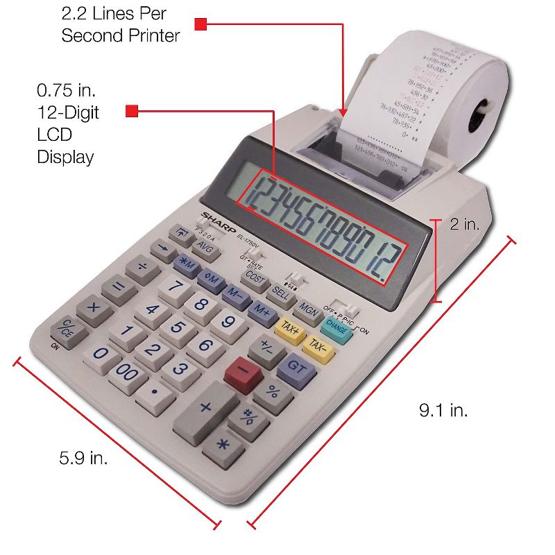 Sharp EL-1750V Two-Color Printing Calculator Black/Red Print 2 Lines/Sec EL1750V, 3 of 6