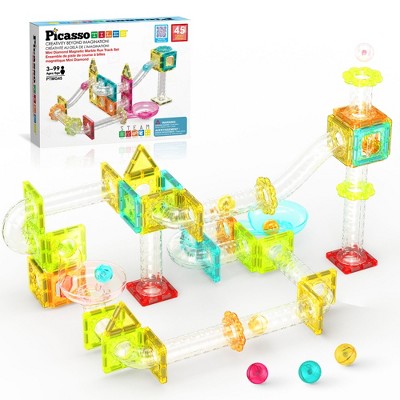 PICASSO-TILES 45 Piece Marble Run Magnetic Tiles, Race Track Building Blocks, STEM Toy for Kids