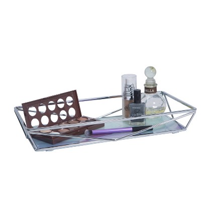 Elegant Metallic Chrome Geometric Vanity Tray with Tempered Glass Agate Design