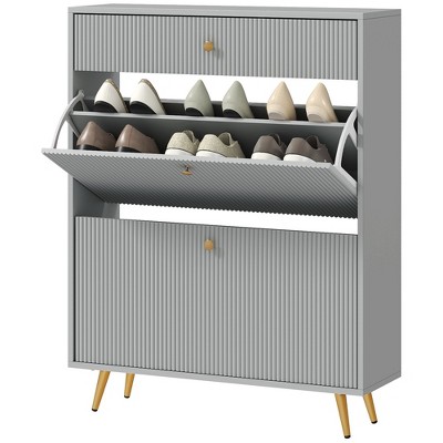 Munora - 31.5"W Narrow Shoe Storage Cabinet with Wave Panels - Fits 12 Pairs, Adjustable Shelves - Gray
