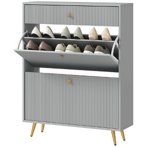 Munora - 31.5"W Narrow Shoe Storage Cabinet with Wave Panels - Fits 12 Pairs, Adjustable Shelves - Gray - 1 of 4