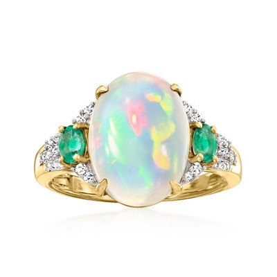 Ross-Simons Ethiopian Opal Ring With 0.30 ct. t.w. Emeralds and .17 ct. t.w. Diamonds in 14kt Yellow Gold