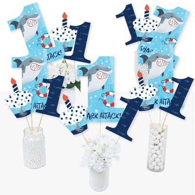 Big Dot of Happiness 1st Birthday Shark Zone - Jawsome Shark First Birthday Party Centerpiece Sticks - Table Toppers - Set of 15