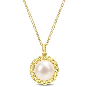 EVERLY JEWELRY | Yellow Plated Sterling Silver 9-9.5mm Cultured Freshwater Pearl Halo Link Pendant with Chain - 18 in - 1 of 4