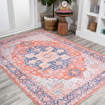 Maris Blue and Orange Medallion Washable Area Rug