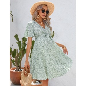 Women's Maternity Summer Casual Short Sleeve Pleated Wrap Midi Dress Nursing V Neck Dress Baby Shower Photoshoot Belt - 1 of 4