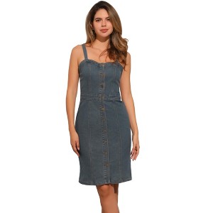 Allegra K Women's Button Down Sweetheart Neckline Sleeveless Summer Knee Length Denim Bodycon Sundress - 1 of 4