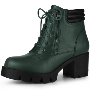 BLISSFUL STEP Women's Round Toe Chunky Heel Lug Sole Lace Up Zipper Combat Boots - 1 of 4