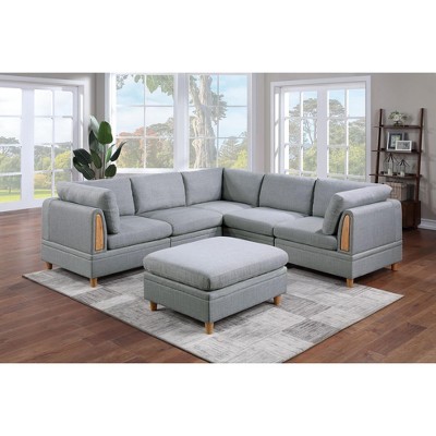 Okak Modern Convertible Sectional Sofa Couch with 3 Corner Wedges, 2 Armless Chairs, 1 Ottomans, Dorris Fabric 6pc Modular Sofa for Living Room, Gray