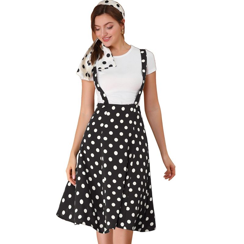 Allegra K Women's Vintage Polka Dots Midi Floral Suspender Skirt, 2 of 6