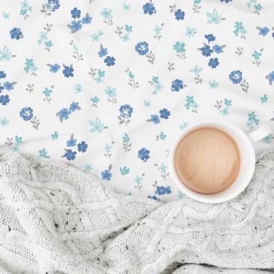 California King Blue Floral Cotton Sheet Set