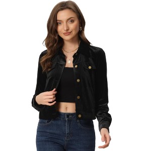 Allegra K Women's Cropped Velvet Retro Button Up Slash Pockets Old Fashion Casual Jackets - 1 of 4