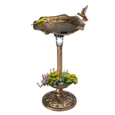 phiestina Outdoor Solar Lighted Pedestal Bird Bath Fountain Decoration with Planter and Feeder, Bronze