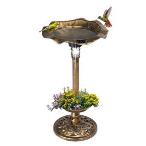 phiestina Outdoor Solar Lighted Pedestal Bird Bath Fountain Decoration with Planter and Feeder, Bronze - 1 of 4