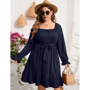 Coolmee Women's plus size Dress Casual Square Neck Dress Puff Long Sleeve Dresses High Waist Ruffle Midi Dress with Belt - 1 of 4