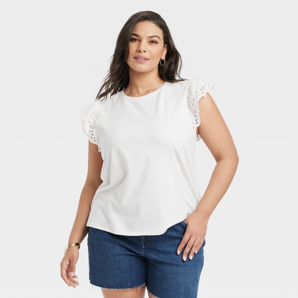 Women's Eyelet Flutter Short Sleeve T-Shirt - Ava & Viv™ White 2X -  90204762