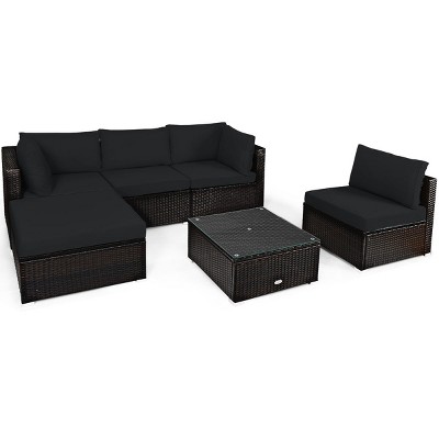 Tangkula 6PCS Patio Rattan Furniture Set Outdoor Sectional Sofa Set w/Coffee Table & Ottoman Black/Navy/Turquoise/Red/Brown