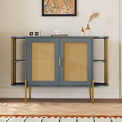 Whisen 2-Door Elegant Curved Dining Cabinet with Gold Trim and Woven Rattan Doors - image 1 of 4