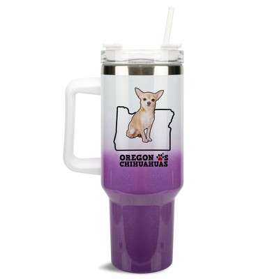 Elanze Designs The Beaver State Oregon Loves Chihuahuas Purple and White Double Wall Stainless Steel Insulated Travel Tumbler with Lid and Straw, 40