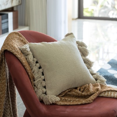 Handwoven Natural Cotton Throw Pillow with Tassels, 17"