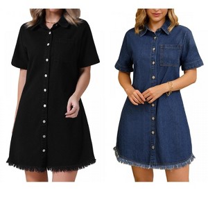 INSPIRE CHIC Women's Denim Button Front Frayed Hem Collared Short Sleeve Jean Shirt Dress 2 Packs - 1 of 4