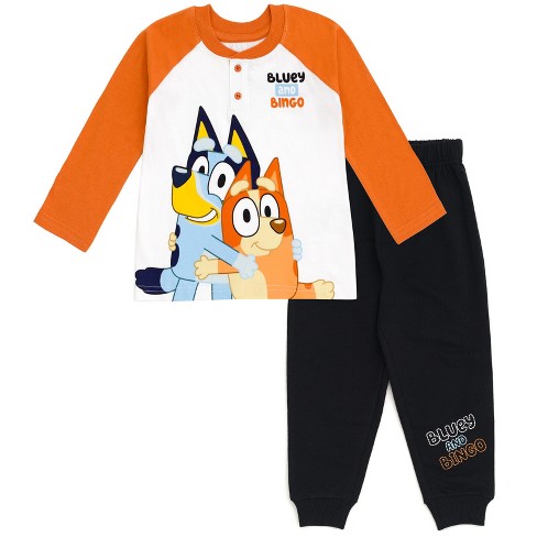 Bluey Bingo Toddler Boys Henley T-Shirt and French Terry Pants Orange /  Black 4T