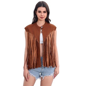 Women's Fringe Vest 70s Denim Zip Up Jacket Hippie Sleeveless Loose Costume - 1 of 4