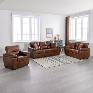 6 seater Living Room Sofa Loveseat Chair Set Faux Leather Couch with Pillows Chocolate Black-Morden Fort - 1 of 4