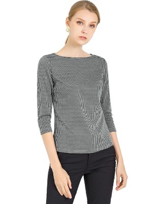 Allegra K Women's Work Office 3/4 Sleeve Boat Neck Houndstooth Printed Blouse